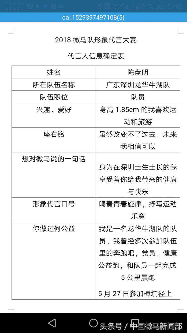 2018年深圳龙华牛湖微马队微马形象代言人-陈盘明